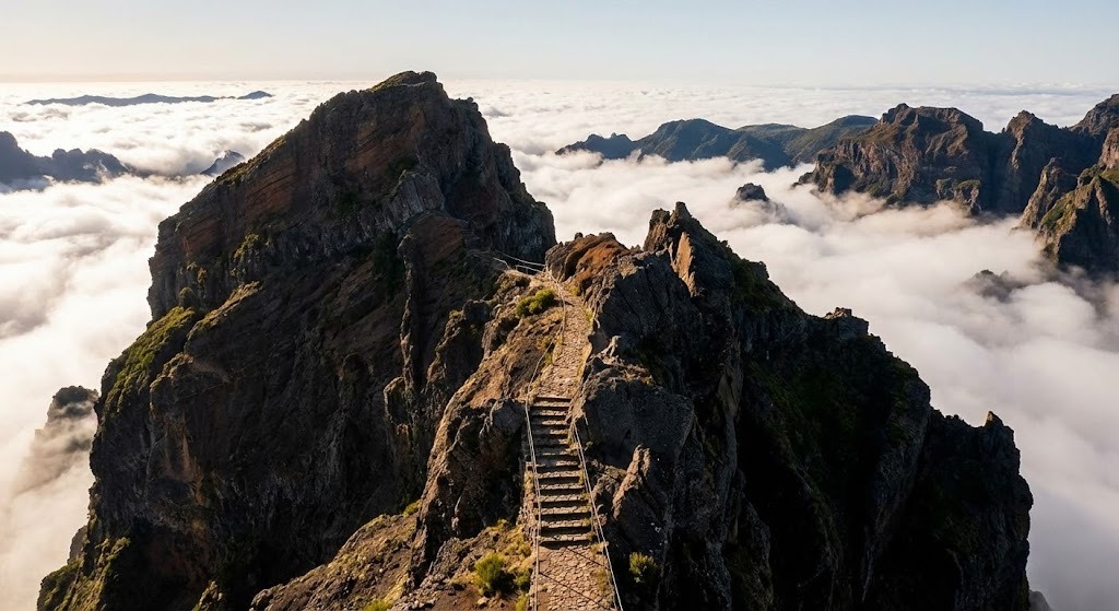 Sonnenaufgang über den Wolken am Pico do Arieiro, Madeira